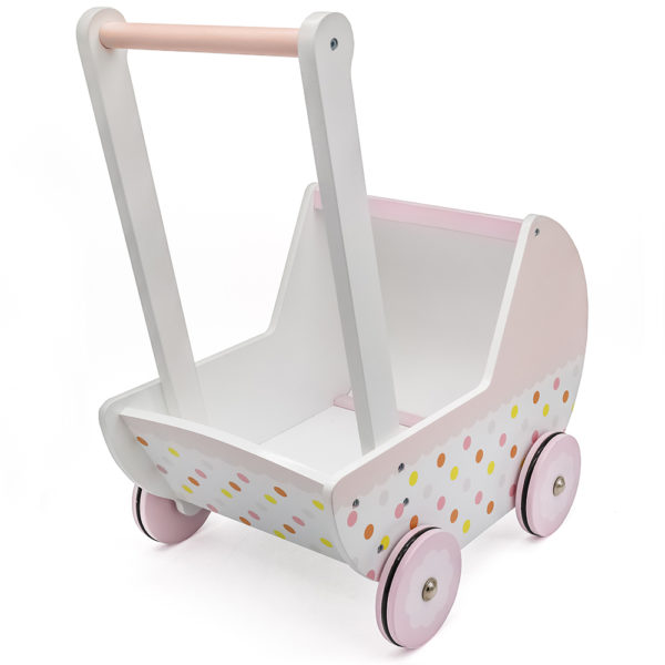 Houten Loopwagen - Kinderwagen - Houten poppenwagen - vanaf 1 jaar - Roze en Wit - Afbeelding 2