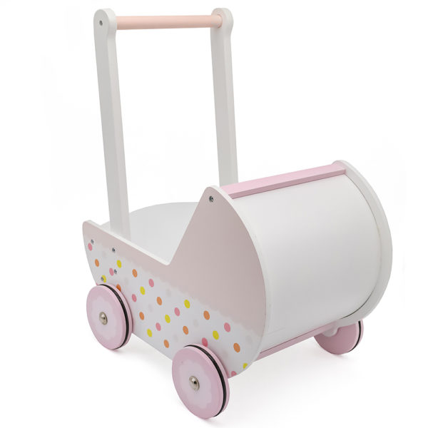 Houten Loopwagen - Kinderwagen - Houten poppenwagen - vanaf 1 jaar - Roze en Wit - Afbeelding 3