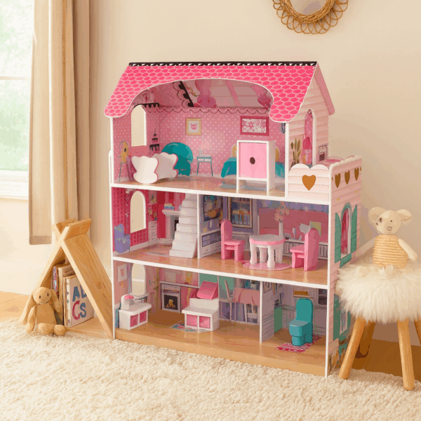 Houten Poppenhuis roze -19-delig accessoire set met LED verlichting - 70cm