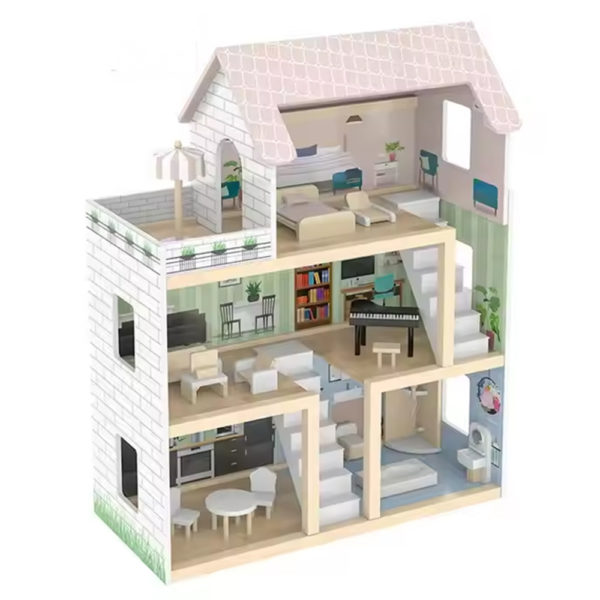 Houten Poppenhuis met meubels - 19-delig accessoire set met LED verlichting - 80cm - Afbeelding 2