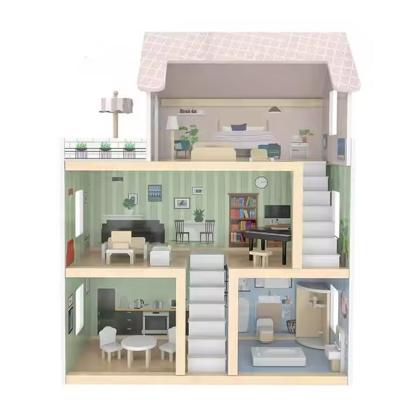 Houten Poppenhuis met Meubels - 19-delig accessoire set - 80 cm - Afbeelding 2